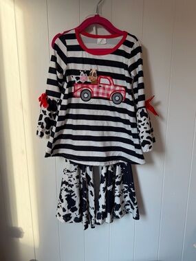 Girls Black & White Striped Pajama Set with Red Truck Applique